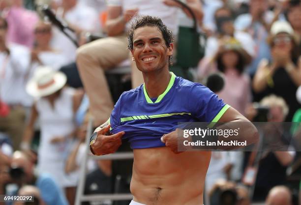 Rafael Nadal of Spain celebrates victory during his Men's Singles Final match against Stan Wawrinka of Switzerland, on day fifthteen at Roland Garros...