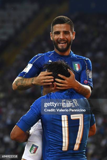 Eder of Italy celebrates with Lorenzo Insigne after scoring the third goal during the FIFA 2018 World Cup Qualifier between Italy and Liechtenstein...