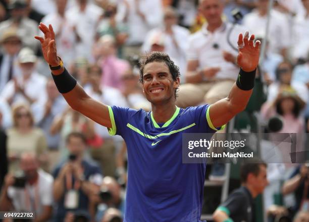 Rafael Nadal of Spain celebrates after victory during his match against Stan Wawrinka of Switzerland during the Men's Singles Final, on day fifthteen...