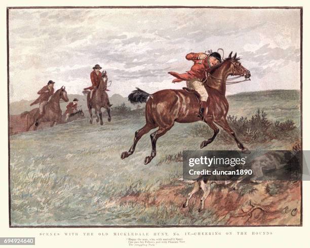 the old mickledale hunt, cheering on the hounds - the hunt stock illustrations