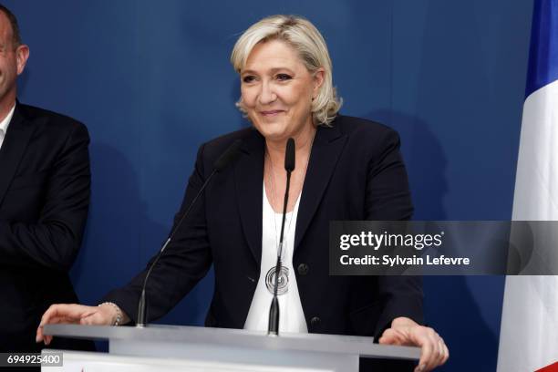 French National Front political party leader and candidate for French legislative elections, Marine Le Pen makes a statement after the results of the...