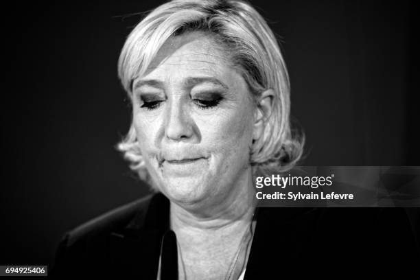 French National Front political party leader and candidate for French legislative elections, Marine Le Pen makes a statement after the results of the...