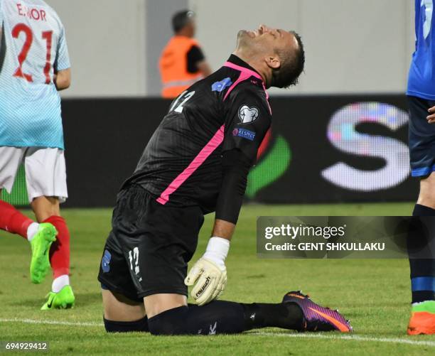 Kosovo's goalkeeper Adis Nurkovic react after Turkey scored a fourth goal during the FIFA World Cup 2018 qualification football match between Kosovo...