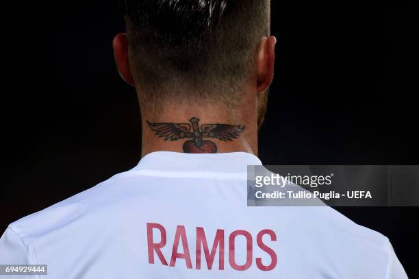 Sergio Ramos of Spain looks on during the FIFA 2018 World Cup Qualifier between FYR Macedonia and Spain at Nacional Arena Filip II Makedonski on June...