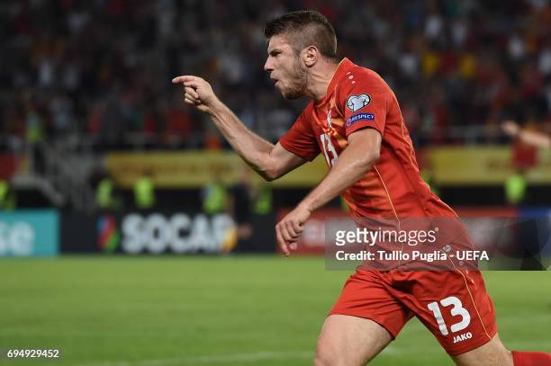 Stefan Ristovski of FYR Macedonia celebrates after scoring a goal during the FIFA 2018 World Cup Qualifier between FYR Macedonia and Spain at...