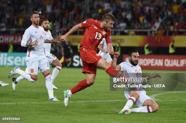 Stefan Ristovski of FYR Macedonia scores his goal during the FIFA 2018 World Cup Qualifier between FYR Macedonia and Spain at Nacional Arena Filip II...