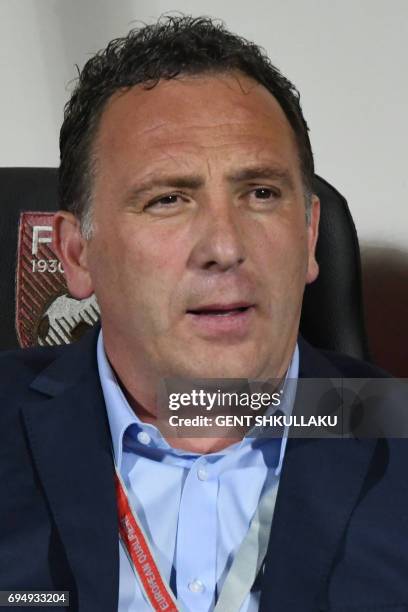 Kosovo's head coach Albert Bunjaku looks on during the FIFA World Cup 2018 qualification football match between Kosovo and Turkey at Loro Borici...