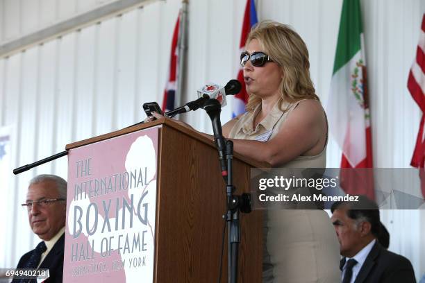 Teresa Tapia speaks for inductee Johnny Tapia during the International Boxing Hall of Fame induction Weekend of Champions event on June 11, 2017 in...