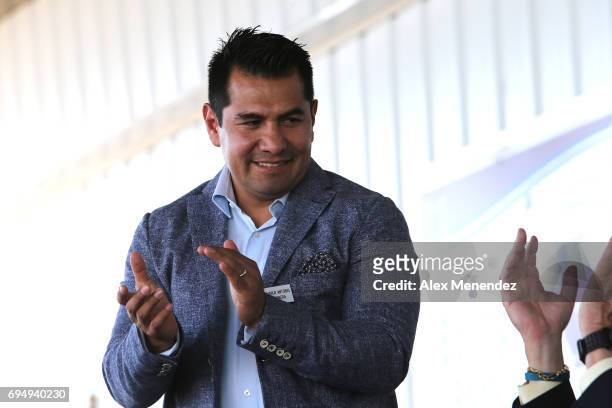 Inductee Marco Antonio Barrera is seen onstage during the International Boxing Hall of Fame induction Weekend of Champions event on June 11, 2017 in...