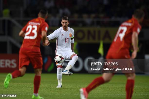 Sergio Ramos of Spain in action during the FIFA 2018 World Cup Qualifier between FYR Macedonia and Spain at Nacional Arena Filip II Makedonski on...