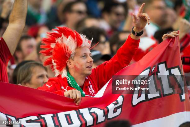 Austrian fan celebrates during the FIFA World Cup 2018 Qualifying Round Group D match between Republic of Ireland and Austria at Aviva Stadium in...