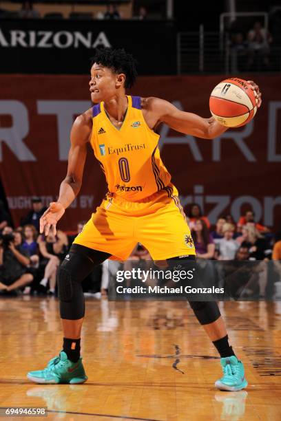 Alana Beard of the Los Angeles Sparks handles the ball against the Phoenix Mercury on June 10, 2017 at Talking Stick Resort Arena in Phoenix,...