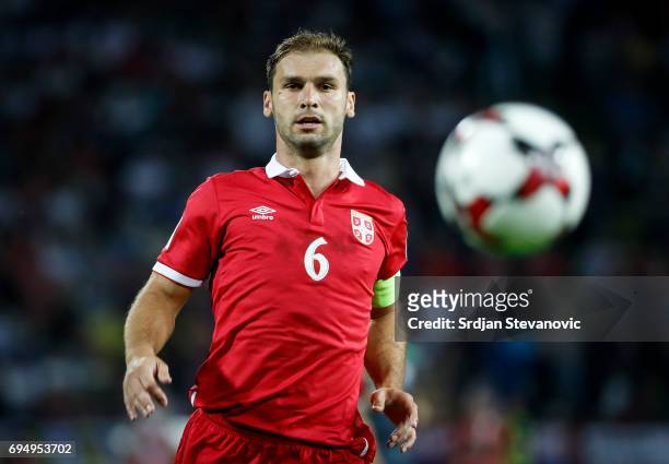 Branislav Ivanovic of Serbia in action during the FIFA 2018 World Cup Qualifier between Serbia and Wales at stadium Rajko Mitic on June 11, 2017 in...