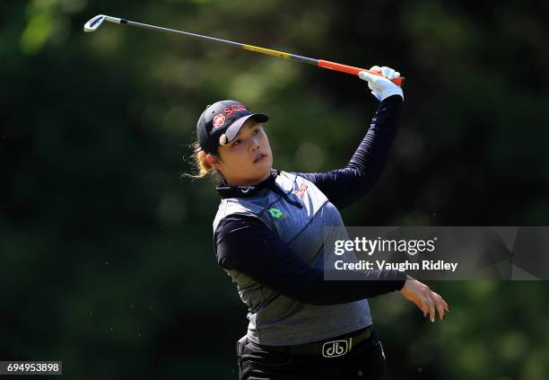 Ariya Jutanugarn of Thailand hits her tee shot on the 17th hole during the final round of the Manulife LPGA Classic at Whistle Bear Golf Club on June...