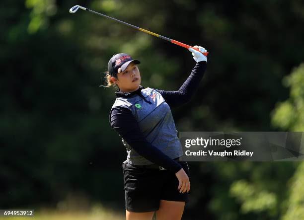 Ariya Jutanugarn of Thailand hits her tee shot on the 17th hole during the final round of the Manulife LPGA Classic at Whistle Bear Golf Club on June...