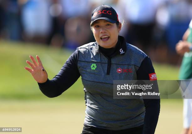 Ariya Jutanugarn of Thailand reacts after sinking her birdie putt on the 1st playoff hole to win during the final round of the Manulife LPGA Classic...