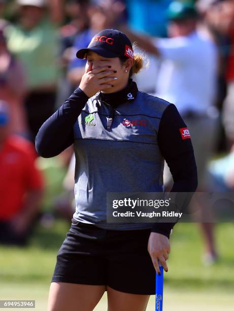 Ariya Jutanugarn of Thailand reacts after sinking her birdie putt on the 1st playoff hole to win during the final round of the Manulife LPGA Classic...