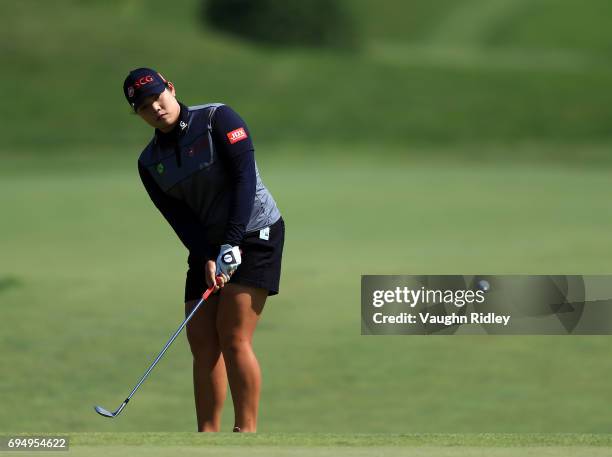 Ariya Jutanugarn of Thailand chips onto the 16th green during the final round of the Manulife LPGA Classic at Whistle Bear Golf Club on June 11, 2017...