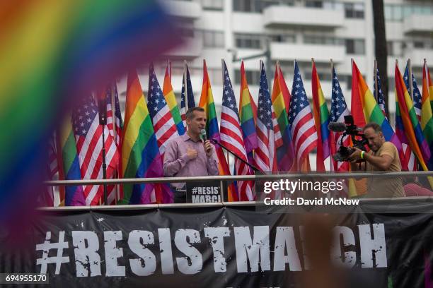 Mayor Eric Garcetti of Los Angeles addresses marchers at the #ResistMarch during the 47th annual LA Pride Festival on June 11 in the Hollywood...