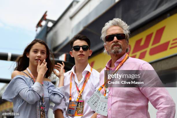 Actor Michael Douglas with his children Dylan and Carys during the Canadian Formula One Grand Prix at Circuit Gilles Villeneuve on June 11, 2017 in...