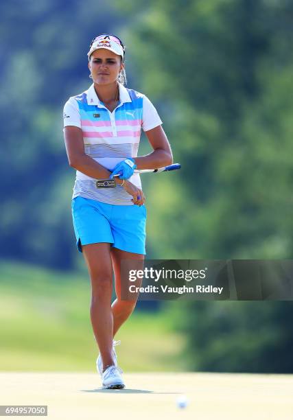 Lexi Thompson of the USA reacts after missing a long putt on the 18th hole during the final round of the Manulife LPGA Classic at Whistle Bear Golf...