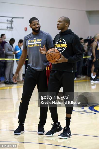 Tristan Thompson and James Jones of the Cleveland Cavaliers during practice and media availability as part of the 2017 NBA Finals on June 11, 2017 at...