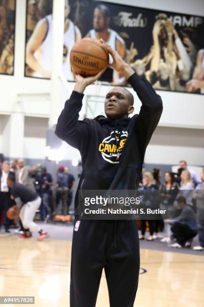 James Jones of the Cleveland Cavaliers shoots the ball during practice and media availability as part of the 2017 NBA Finals on June 11, 2017 at...