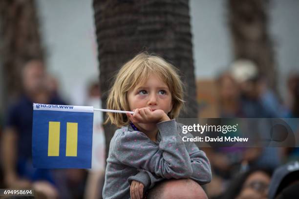 Boy holds a Human Rights Campaign Equality Flag at the #ResistMarch during the 47th annual LA Pride Festival on June 11 in the Hollywood section of...