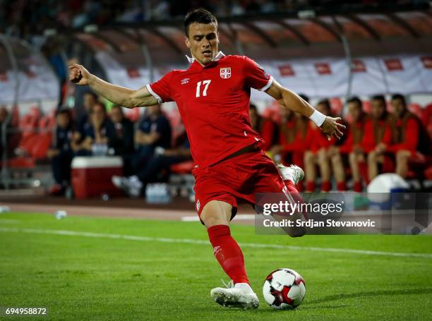 Filip Kostic of Serbia in action during the FIFA 2018 World Cup Qualifier between Serbia and Wales at stadium Rajko Mitic on June 11, 2017 in...