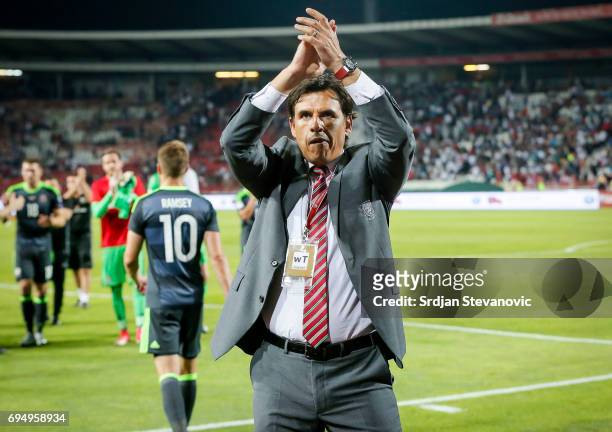 Head coach Chris Coleman of Wales greets fans during the FIFA 2018 World Cup Qualifier between Serbia and Wales at stadium Rajko Mitic on June 11,...