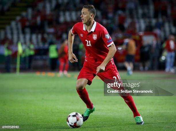 Nemanja Matic of Serbia in action during the FIFA 2018 World Cup Qualifier between Serbia and Wales at stadium Rajko Mitic on June 11, 2017 in...