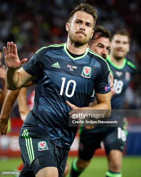 Aaron Ramsey of Wales celebrates scoring the goal during the FIFA 2018 World Cup Qualifier between Serbia and Wales at stadium Rajko Mitic on June...