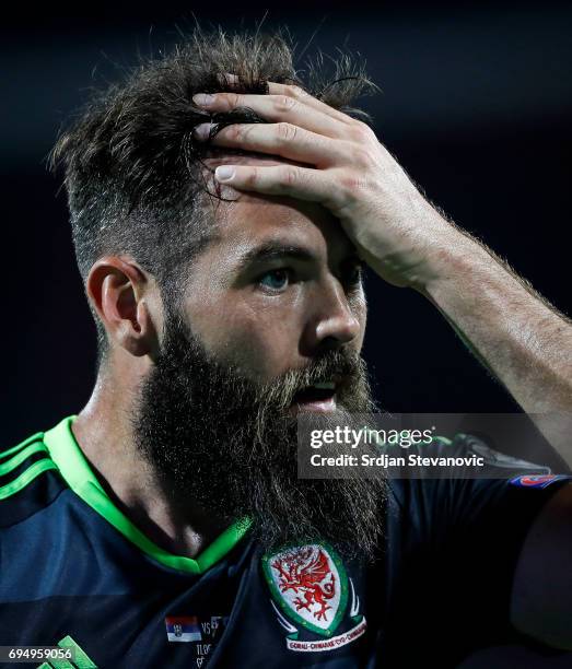 Joe Ladley of Wales reacts during the FIFA 2018 World Cup Qualifier between Serbia and Wales at stadium Rajko Mitic on June 11, 2017 in Belgrade,...