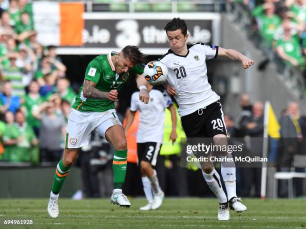 Jeff Hendrick of Republic of Ireland and Michael Gregoritsch of Austria during the FIFA 2018 World Cup Qualifier between Republic of Ireland and...