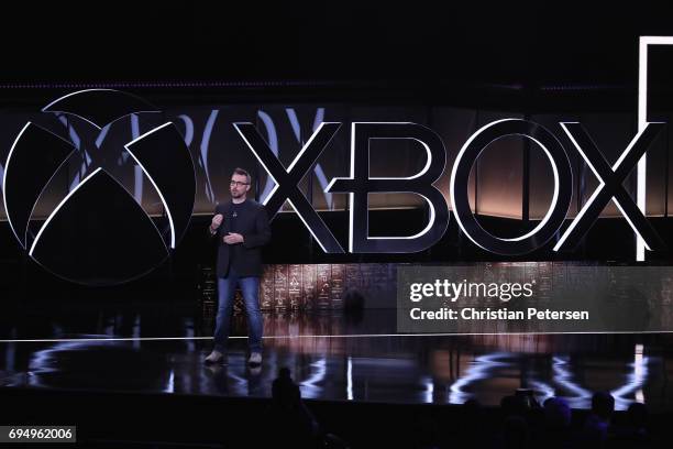 Creative Director at Ubisoft Jean Guesdon speaks during the Microsoft xBox E3 briefing at the Galen Center on June 11, 2017 in Los Angeles,...
