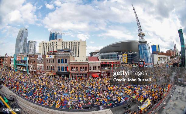 Large crowd fills Broadway before the start of Game Six of the 2017 NHL Stanley Cup Final between Nashville Predators and the Pittsburgh Penguins at...