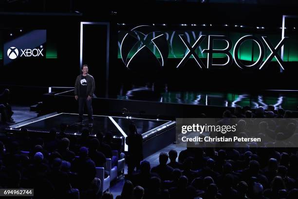 Xbox chief Phil Spencer speaks during the Microsoft xBox E3 briefing at the Galen Center on June 11, 2017 in Los Angeles, California. The E3 Game...