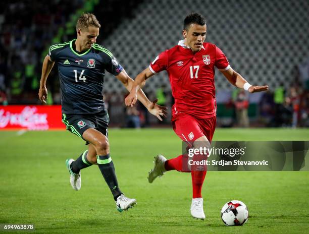 Filip Kostic of Serbia is challenged by David Edwards of Wales during the FIFA 2018 World Cup Qualifier between Serbia and Wales at stadium Rajko...