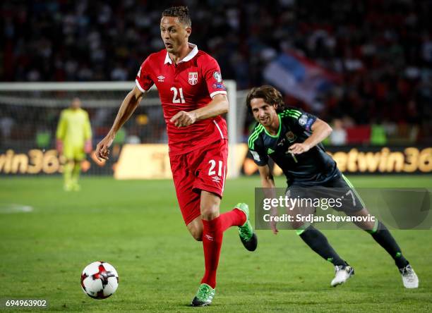 Nemanja Matic of Serbia in action against Joe Allen of Wales during the FIFA 2018 World Cup Qualifier between Serbia and Wales at stadium Rajko Mitic...
