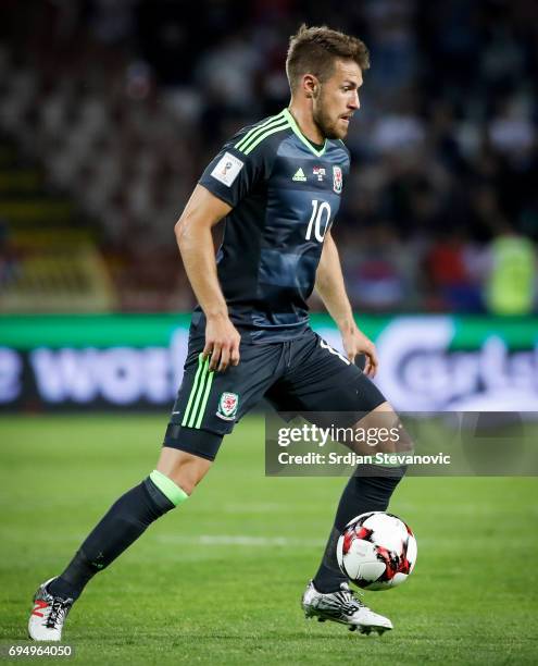 Aaron Ramsey of Wales in action during the FIFA 2018 World Cup Qualifier between Serbia and Wales at stadium Rajko Mitic on June 11, 2017 in...