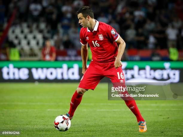 Luka Milivojevic of Serbia in action during the FIFA 2018 World Cup Qualifier between Serbia and Wales at stadium Rajko Mitic on June 11, 2017 in...