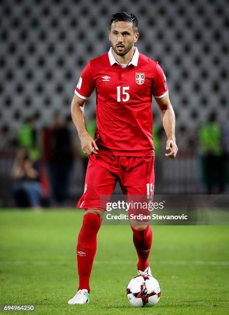 Jagos Vukovic of Serbia in action during the FIFA 2018 World Cup Qualifier between Serbia and Wales at stadium Rajko Mitic on June 11, 2017 in...