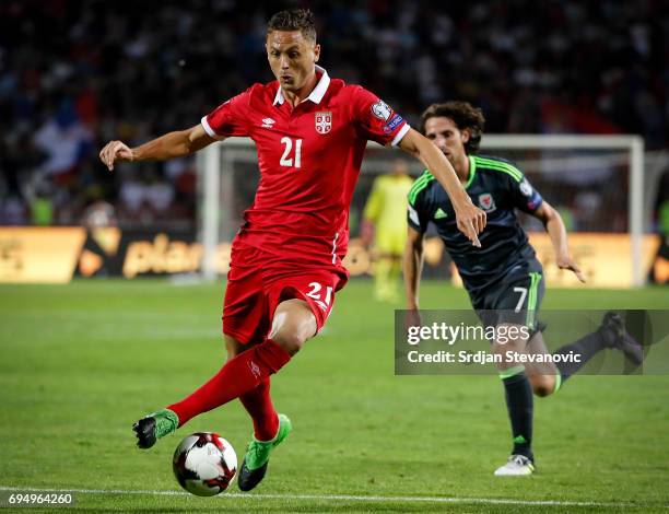 Nemanja Matic of Serbia in action during the FIFA 2018 World Cup Qualifier between Serbia and Wales at stadium Rajko Mitic on June 11, 2017 in...