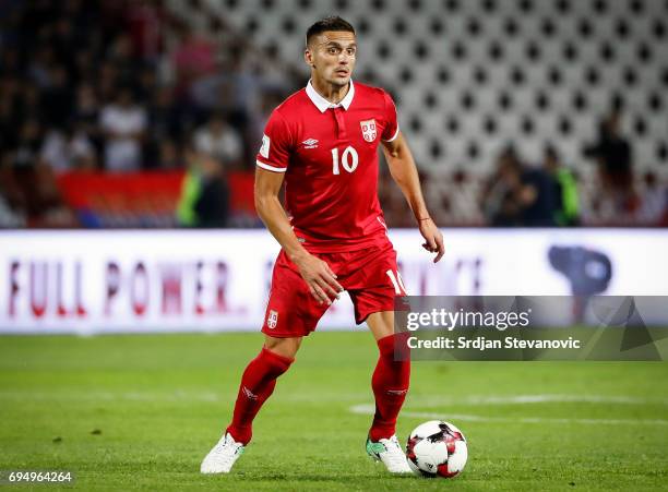 Dusan Tadic of Serbia in action during the FIFA 2018 World Cup Qualifier between Serbia and Wales at stadium Rajko Mitic on June 11, 2017 in...