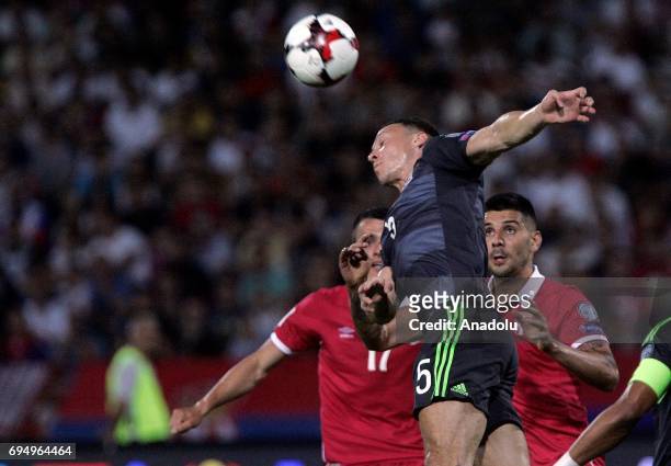 James Chester of Wales is in action during the FIFA 2018 World Cup Qualifier between Serbia and Wales at stadium Rajko Mitic on June 11, 2017 in...