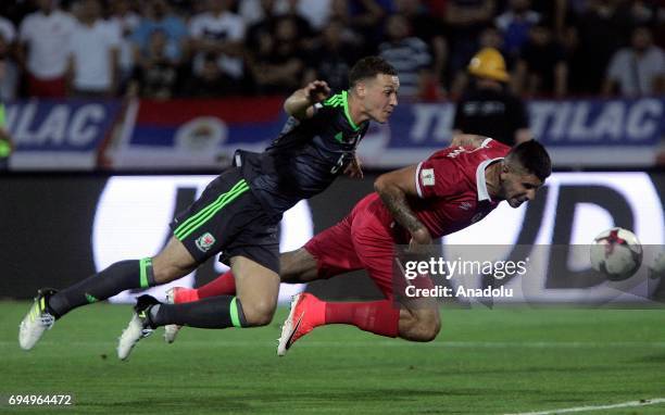 James Chester of Wales is in action during the FIFA 2018 World Cup Qualifier between Serbia and Wales at stadium Rajko Mitic on June 11, 2017 in...