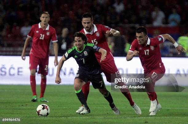 Joe Allen of Wales is in action during the FIFA 2018 World Cup Qualifier between Serbia and Wales at stadium Rajko Mitic on June 11, 2017 in...