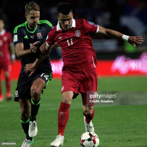 Filip Kostic of Serbia is in action during the FIFA 2018 World Cup Qualifier between Serbia and Wales at stadium Rajko Mitic on June 11, 2017 in...