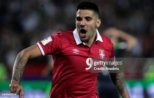 Aleksandar Mitrovic of Serbia is in action during the FIFA 2018 World Cup Qualifier between Serbia and Wales at stadium Rajko Mitic on June 11, 2017...