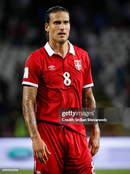 Aleksandar Prijovic of Serbia looks on after the FIFA 2018 World Cup Qualifier between Serbia and Wales at stadium Rajko Mitic on June 11, 2017 in...